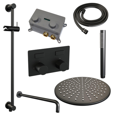 BRAUER Black Carving Douche de pluie thermostatique encastrée - boutons-poussoirs - SET 64 - douche de tête 30 cm - bras mural courbé - douchette barre - flexible de douche - barre de douche intégrée - noir mat