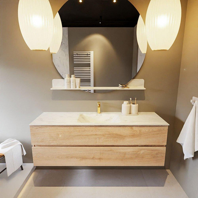 MONDIAZ VICA-DLUX Ensemble meuble de salle de bains - 150cm - meuble bas Washed oak - 2 tiroirs - lavabo encastré Cloud central - 1 trou de robinet - version haute 60cm - Opalo