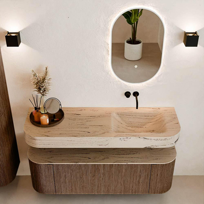 MONDIAZ THOR-DLUX 140cm meuble de salle de bains arrondi gauche + droite couleur Walnut avec 1 tiroir et 2 portes. Vasque suspendue CLOUD droite sans trou de robinet couleur Arena.