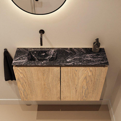 MONDIAZ TURE-DLUX Meuble WC 80 cm Washed Oak. Lavabo EDEN Lava position gauche. Sans trou de robinet.