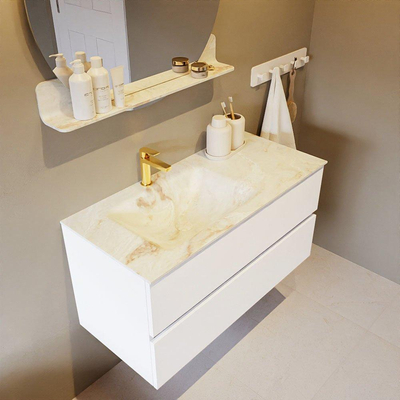 Mondiaz VICA-DLUX Ensemble de meuble de salle de bain - 100cm - meuble sous lavabo talc - 2 tiroirs - lavabo encastré cloud gauche - 1 trou de robinet - version haute de 60cm - frape