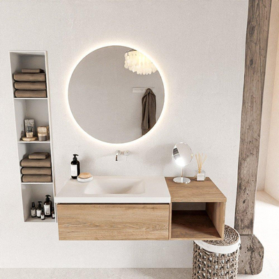 MONDIAZ BUKLA Meuble de salle de bains 120 cm avec module ouvert 40 couleur Chêne blanchi avec 1 tiroir. Lavabo CLOUD gauche 0 trous de robinetterie couleur Talc.