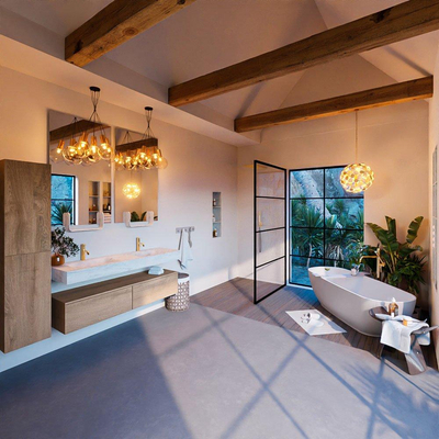 Mondiaz ALAN-DLUX Ensemble de meuble - 150cm - meuble Washed Oak mat - 2 tiroirs - Lavabo Cloud Opalo suspendu - vasque Gauche et droite - 2 trous de robinet