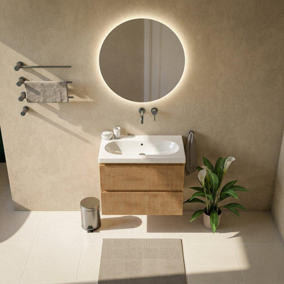 Saniclass Holz Atelier Ensemble de meubles de salle de bains - 80x45x63.5cm - lavabo Palermo en céramique blanc - 1 vasque - sans trou de robinet - 2 tiroirs - chêne natural mat (bois)