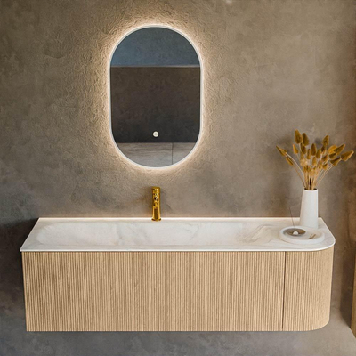 MONDIAZ KURVE-DLUX 145cm Meuble salle de bain avec module 25 D - couleur Oak - 1 tiroir - 1 porte - vasque BIG LARGE gauche - 1 trou de robinet - couleur Ostra