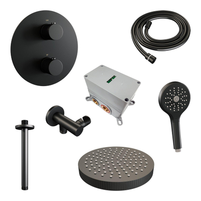 BRAUER Stripe Douche de tête thermostatique encastrée - 3 voies - ronde - SET 42 - pomme de douche 25cm - bras plafond - douchette 3 positions - flexible douche - coude mural - noir mat