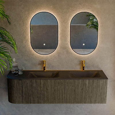 Mondiaz KURVE Ensemble de meuble salle de bain - 155x46x40cm - 2 tiroirs - 1 porte - lavabo en solid surface - double / droite - 2 trous de robinet - Shadow