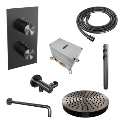 BRAUER Stripe Thermostatische Inbouw Regendouche - 3-weg - rechthoekig - 25cm douchekop - gebogen muurarm - staaf handdouche - doucheslang - wandaansluitbocht - gunmetal geborsteld PVD