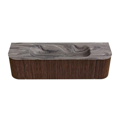 MONDIAZ KURVE-DLUX 160cm badmeubel ronding Links + Rechts kleur Walnut met 1 lade en 2 deuren. Wastafel BIG MEDIUM Midden 1 kraangat Sombra.