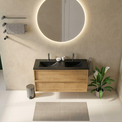 Saniclass Holz Frame Ensemble de meubles de salle de bains - 120x45x62cm - Vygo lavabo en céramique noir - 2 vasques - 2 trous de robinetterie - 2 tiroirs - chêne natural mat (bois)