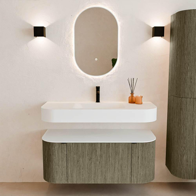 MONDIAZ THOR Meuble de salle de bains 110cm arrondi gauche + droite couleur Shadow avec 1 tiroir et 2 portes. Vasque suspendue CLOUD Milieu 1 trou de robinet couleur Talc.