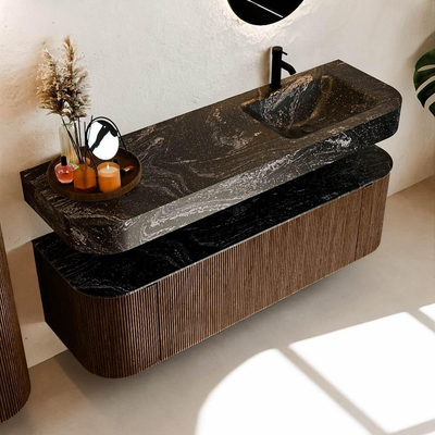 MONDIAZ THOR-DLUX 150cm meuble de salle de bains arrondi gauche + droite couleur Walnut avec 1 tiroir et 2 portes. Vasque suspendue CLOUD Droite 1 trou de robinet couleur Lava.