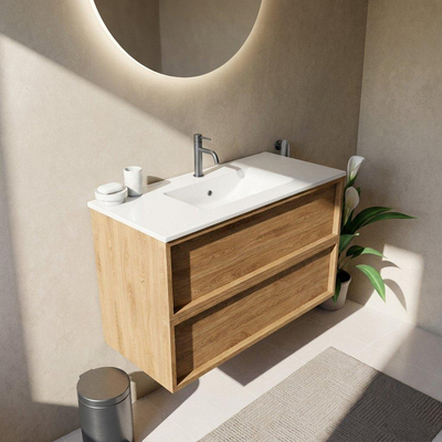 Saniclass Holz Frame Ensemble de meuble de salle de bains - 100x45x62cm - Lavabo Vygo en céramique blanc - 1 vasque - 1 trou de robinetterie - 2 tiroirs - chêne natural mat (bois)
