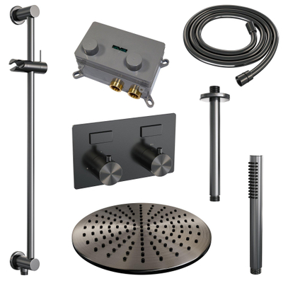 BRAUER gunmetal Edition Thermostatische Regendouche inbouw - drukknoppen - SET 66 - 30cm hoofddouche - plafondarm - staaf handdouche - doucheslang - geïntegreerde glijstang - gunmetal geborsteld PVD