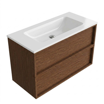 Saniclass Holz Frame Ensemble meuble de salle de bains - 100x45x77.5cm - lavabo Torino en solid surface blanc - sans trou de robinet - 2 tiroirs - noyer pure mat (bois)