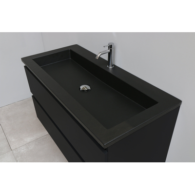 Basic Bella Meuble salle de bains avec lavabo acrylique Noir avec armoire toilette 2 portes gris 100x55x46cm 1 trou de robinet Noir mat