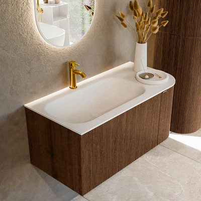 MONDIAZ KURVE 95cm badmeubel met module 25 R kleur Walnut met 1 lade en 1 deur. Wastafel BIG SMALL links 1 kraangat Talc.