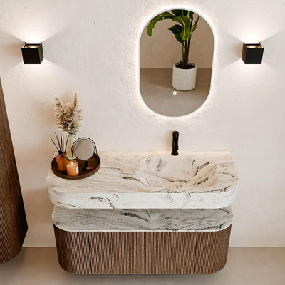 MONDIAZ THOR-DLUX 120cm meuble de salle de bains arrondi gauche + droite couleur Walnut avec 1 tiroir et 2 portes. Vasque suspendue CLOUD Droite 1 trou de robinet couleur Glace.