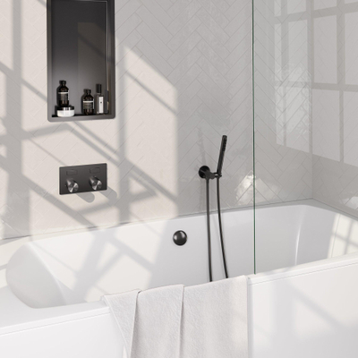 BRAUER gunmetal Carving thermostatische inbouw badkraan - drukknoppen SET 03 - badvulcombinatie - staaf handdouche - doucheslang - wandaansluitbocht - gunmetal geborsteld PVD