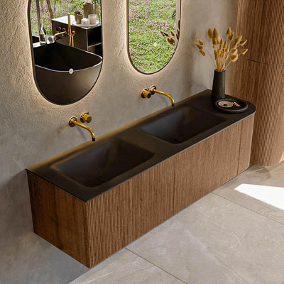 MONDIAZ KURVE 155cm Meuble salle de bain avec module 25 D - couleur Walnut - 2 tiroirs - 1 porte - vasque CLOUD double / gauche - sans trous de robinet - Urban