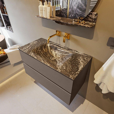 Mondiaz VICA-DLUX ensemble de meuble de salle de bain - 90cm - meuble sous-vasque fumée - 2 tiroirs - lavabo encastré nuage milieu - sans trous de robinet - version haute 60cm - lave