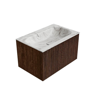 MONDIAZ KURVE-DLUX Meuble de salle de bains 70cm couleur Walnut avec 1 tiroir. Lavabo BIG SMALL central 1 trou de robinet couleur Glace.
