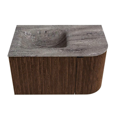 MONDIAZ KURVE-DLUX Meuble de salle de bains 75cm arrondi à droite couleur Walnut avec 1 tiroir et 1 porte. Lavabo GRUNNE à gauche sans trou de robinet Oza.