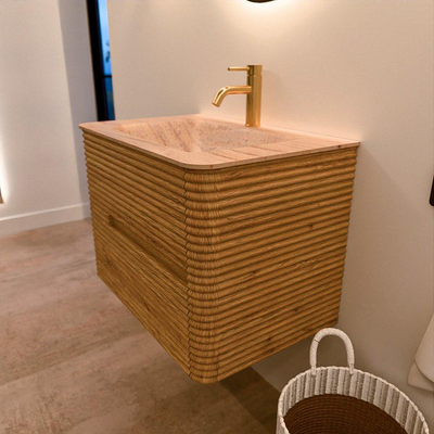 Mondiaz CIRO-DLUX Meuble de salle de bains - 70x45x50cm - Plan-vasque solid surface Saba - 1 vasque au milieu - 1 trou de robinetterie - 2 tiroirs - Chêne