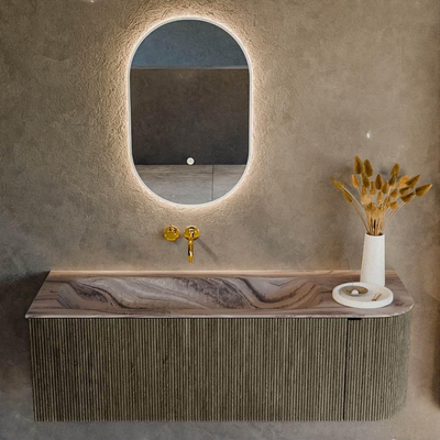 MONDIAZ KURVE-DLUX Meuble de salle de bains 135cm arrondi à droite couleur Shadow avec 1 tiroir et 1 porte. Lavabo BIG MEDIUM à gauche sans trou de robinet Sombra.