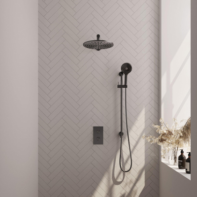 BRAUER Gunmetal Edition inbouw regendoucheset – Ø30 cm hoofddouche – 40 cm rechte wandarm – ronde handdouche – met omstel