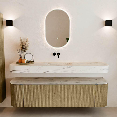 MONDIAZ THOR-DLUX 170cm meuble de salle de bains arrondi gauche + droite couleur Dusk avec 1 tiroir et 2 portes. Vasque suspendue CLOUD Milieu sans trou de robinet couleur Nata.