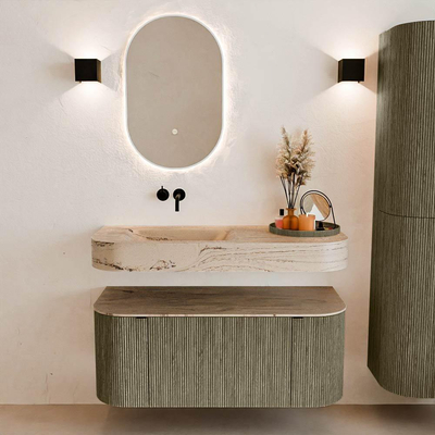 MONDIAZ THOR-DLUX 110cm meuble de salle de bains arrondi gauche + droite couleur Shadow avec 1 tiroir et 2 portes. Vasque suspendue CLOUD Gauche sans trou de robinet couleur Arena.