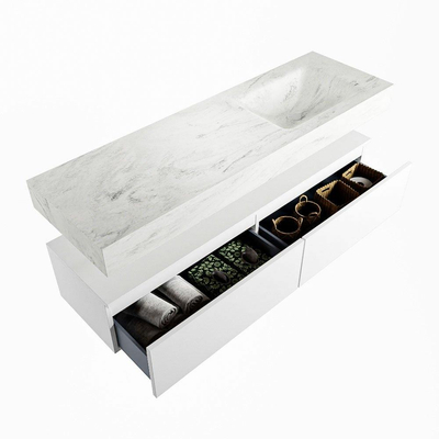 Mondiaz ALAN-DLUX Ensemble de meuble - 150cm - meuble Talc mat - 2 tiroirs - Lavabo Cloud Opalo suspendu - vasque Droite - 0 trous de robinet