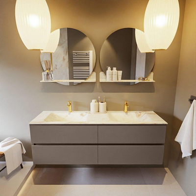 Mondiaz VICA-DLUX ensemble de meuble de salle de bain - 150cm - meuble sous-vasque fumée - 4 tiroirs - lavabo encastré nuage double - 2 trous de robinet - version haute 60cm - opalo