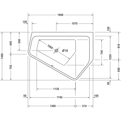 Duravit Paiova kunststof bad acryl vijfhoekig voor rechterhoek 190x140x58cm met aangevormd paneel en frame wit