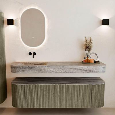 MONDIAZ THOR-DLUX 160cm badmeubel ronding links + rechts kleur Shadow met 1 lade en 2 deuren. Vrijhangende wastafel CLOUD Links zonder kraangat kleur Oza.