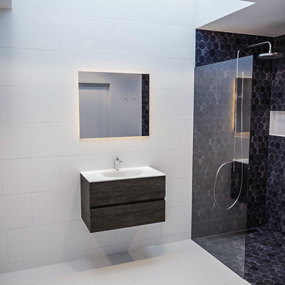 MONDIAZ VICA Ensemble de meuble salle de bain - 80cm - 2 tiroirs - lavabo Moon central - 1 trou de robinet - solid surface marron foncé