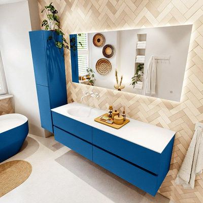 Mondiaz Vica ensemble de meuble de salle de bain - 160cm - meuble sous-vasque jeans - 4 tiroirs - lavabo moon gauche - sans trous de robinet - couleur talc - miroir LED - version XL 60cm de haut