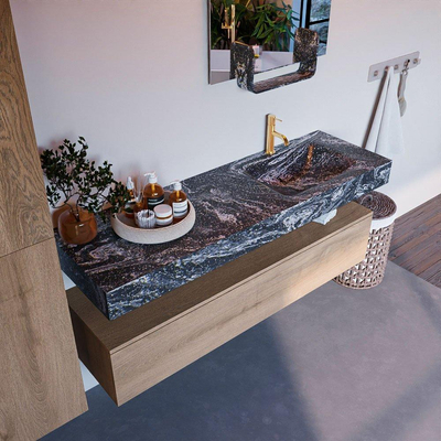 Mondiaz ALAN-DLUX Ensemble de meuble - 150cm - meuble Washed Oak mat - 1 tiroir - Lavabo Cloud Lava suspendu - vasque Droite - 1 trou de robinet