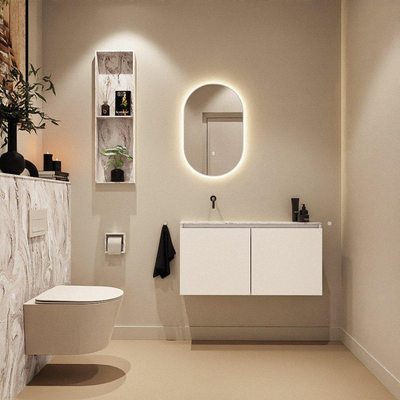 MONDIAZ TURE-DLUX Meuble toilette - 100cm - Talc - EDEN - vasque Glace - position gauche - sans trou de robinet