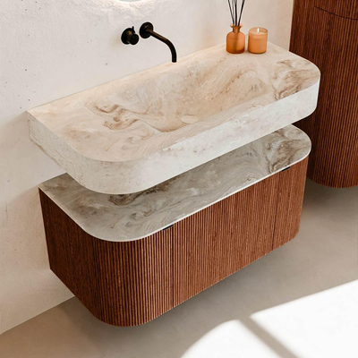 MONDIAZ THOR-DLUX Meuble de salle de bains - 100cm - arrondi gauche + droite - couleur Ruby - 1 tiroir - 2 portes - Vasque suspendue CLOUD Centre sans trou de robinet - couleur Frappe