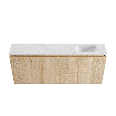 MONDIAZ TURE-DLUX Meuble de toilettes 120 cm Washed Oak. Lavabo EDEN Opalo position droite. Avec 1 trou de robinet.