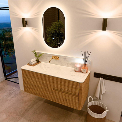 Mondiaz CIRO-DLUX Meuble de salle de bains - 120x45x50cm - plan vasque solid surface Opalo - 1 vasque à gauche - sans trous de robinetterie - 2 tiroirs - Chêne