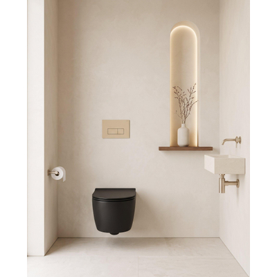 QeramiQ Dely Swirl Toiletset - 36.3x51.7cm - Geberit UP320 inbouwreservoir - met Burda frame - 35mm zitting - bedieningsplaat beige - rechthoekige knoppen - mat zwart