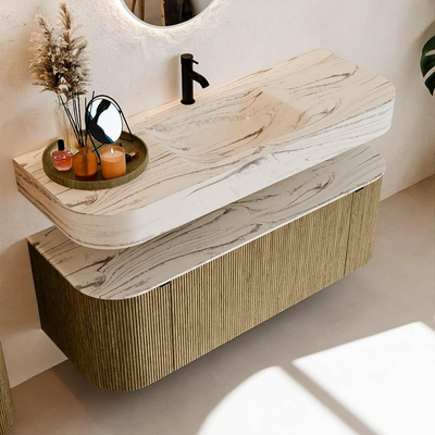 MONDIAZ THOR-DLUX 130cm meuble de salle de bains arrondi gauche + droite couleur Dusk avec 1 tiroir et 2 portes. Vasque suspendue CLOUD Milieu 1 trou de robinet couleur Nata.