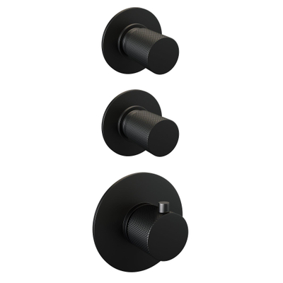 Brauer Black Carving Ensemble de douche pluie encastré - douche principale 20cm - 3 boutons sculptés - bras mural droit - douchette ronde 3 fonctions - noir mat