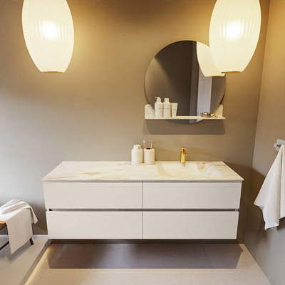 MONDIAZ VICA-DLUX Badkamermeubelset - 150cm - onderkast linen - 4 lades - inbouw wastafel cloud rechts - 1 kraangat - 60cm hoge versie - frape
