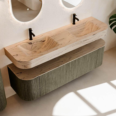 MONDIAZ THOR-DLUX 160cm meuble de salle de bains arrondi gauche + droite couleur Shadow avec 1 tiroir et 2 portes. Vasque suspendue CLOUD Double 2 trous de robinet couleur Arena.