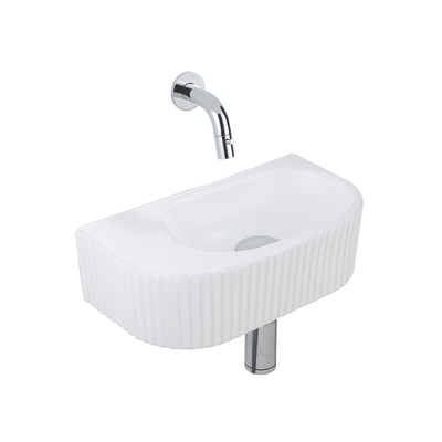 QeramiQ Fuente Fonteinset - 40x21.5x12cm - geribbeld - halfrond - keramiek - fonteinkraan chroom - afvoerplug - verlaagd sifon - wit mat