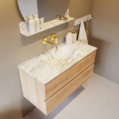 Mondiaz VICA-DLUX ensemble de meuble de salle de bain - 100cm - meuble sous-vasque chêne blanchi - 2 tiroirs - lavabo encastré nuage milieu - sans trous de robinet - version haute 60cm - glace